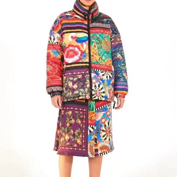 FARM Rio Mixed Scarves Reversible Puffer Jacket Patchwork Dopamine - Picture 3 of 14